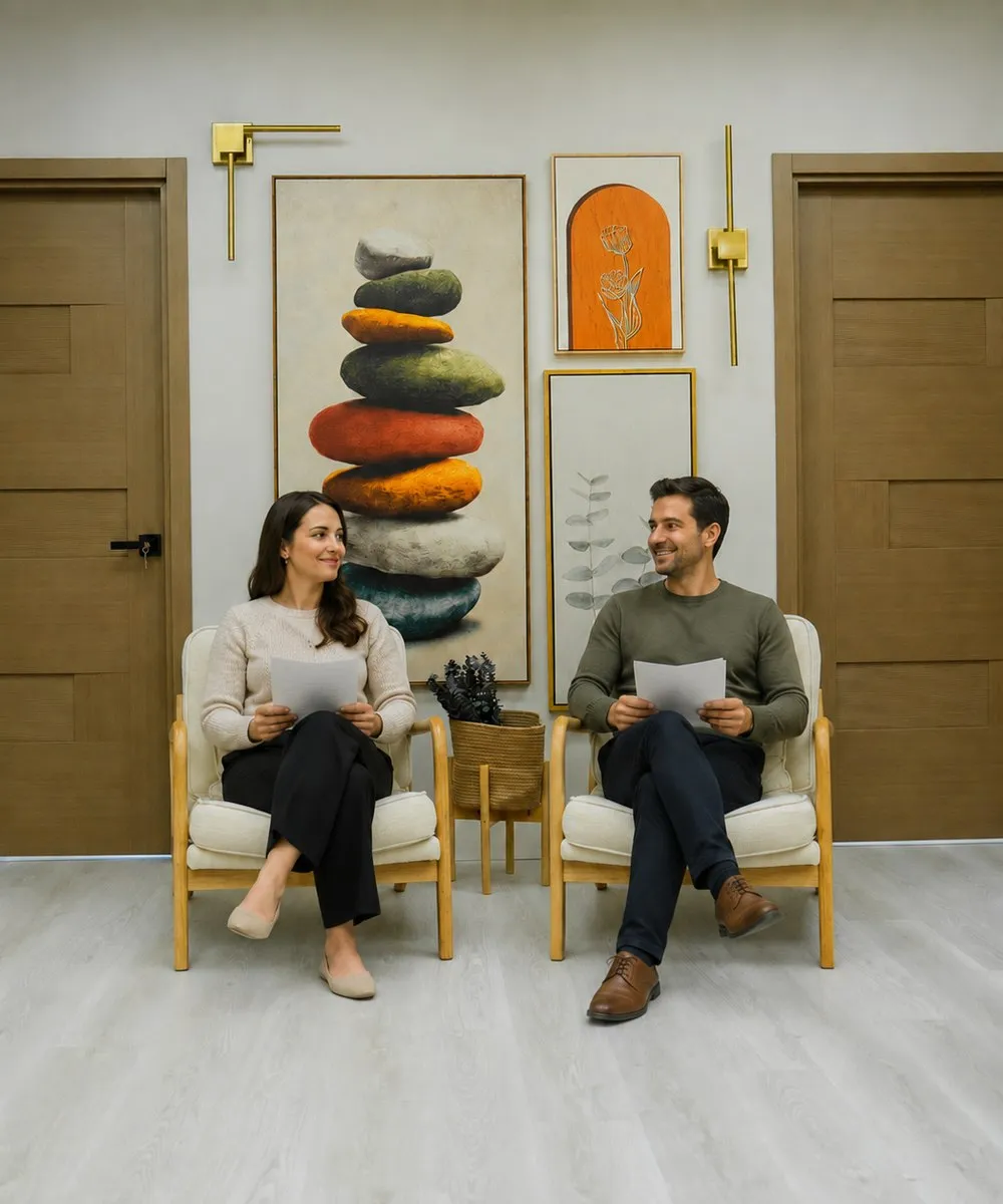 Two people waiting in the Blanco reception area
